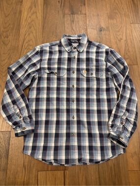 Carhartt Men's Medium M Plaid Flannel Shirt Relaxed Fit Blue White Workwear Butt